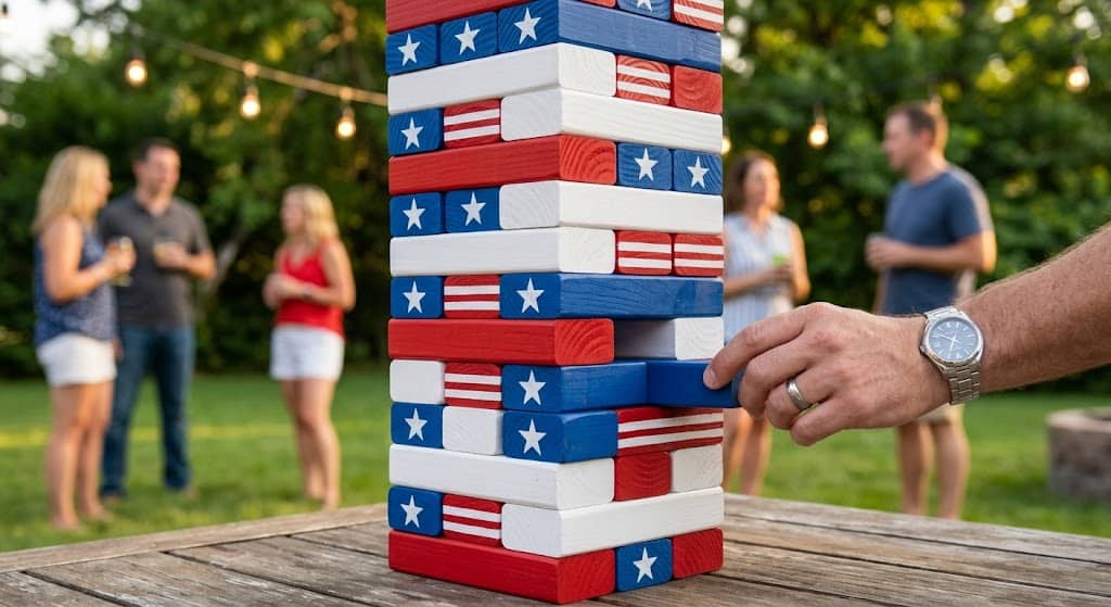 Giant Jenga outdoor party game for adults at July 4th backyard party — patriotic painted blocks