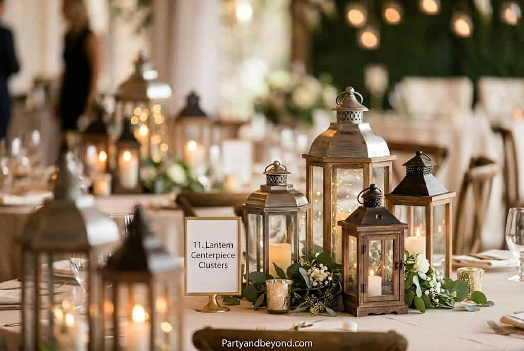 Rustic lantern centerpiece arrangement with candles and eucalyptus greenery on a farmhouse dining table.