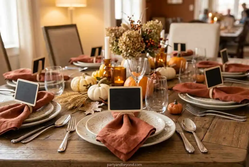 Chalkboard place cards with handwritten names at Thanksgiving table Thanksgiving Table Decoration Ideas