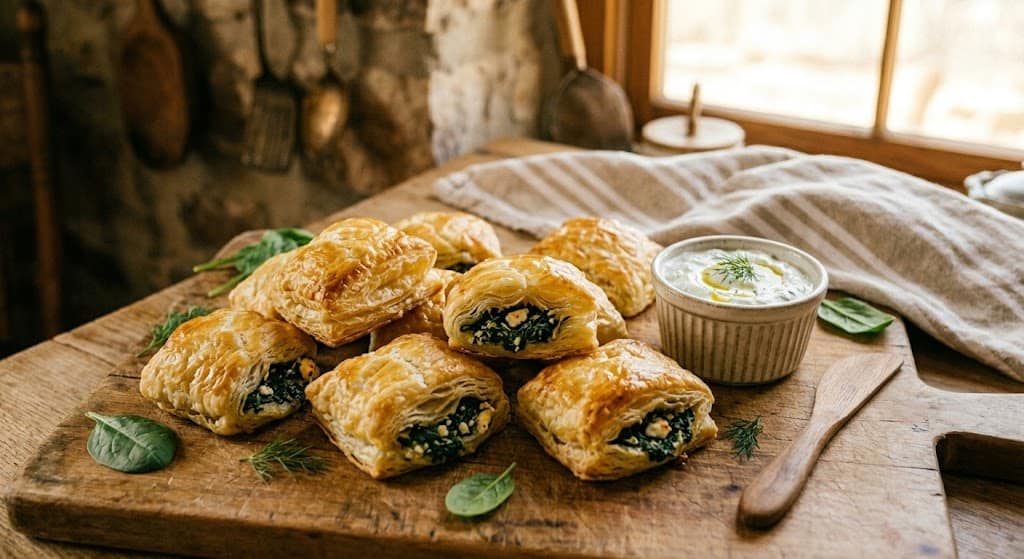 Flaky spinach and feta puffs arranged on a wooden serving board.