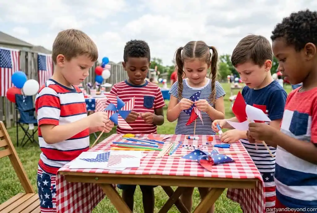 Children playing a supervised patriotic water gun battle in the backyard on the 4th of July”