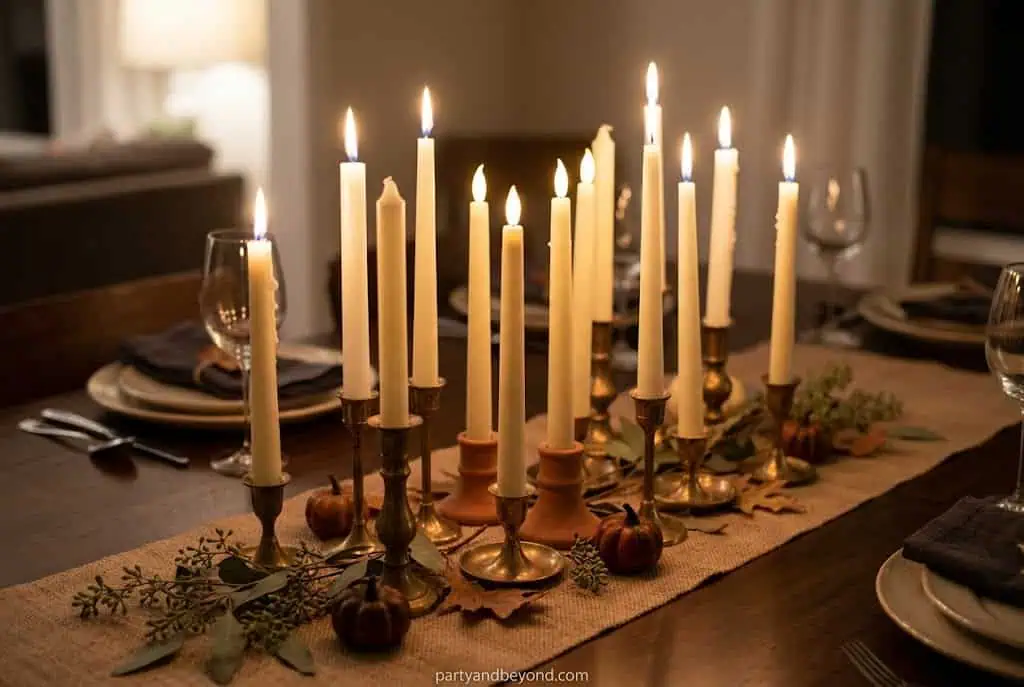 “Cluster of taper candles in brass holders glowing on Thanksgiving dinner table”