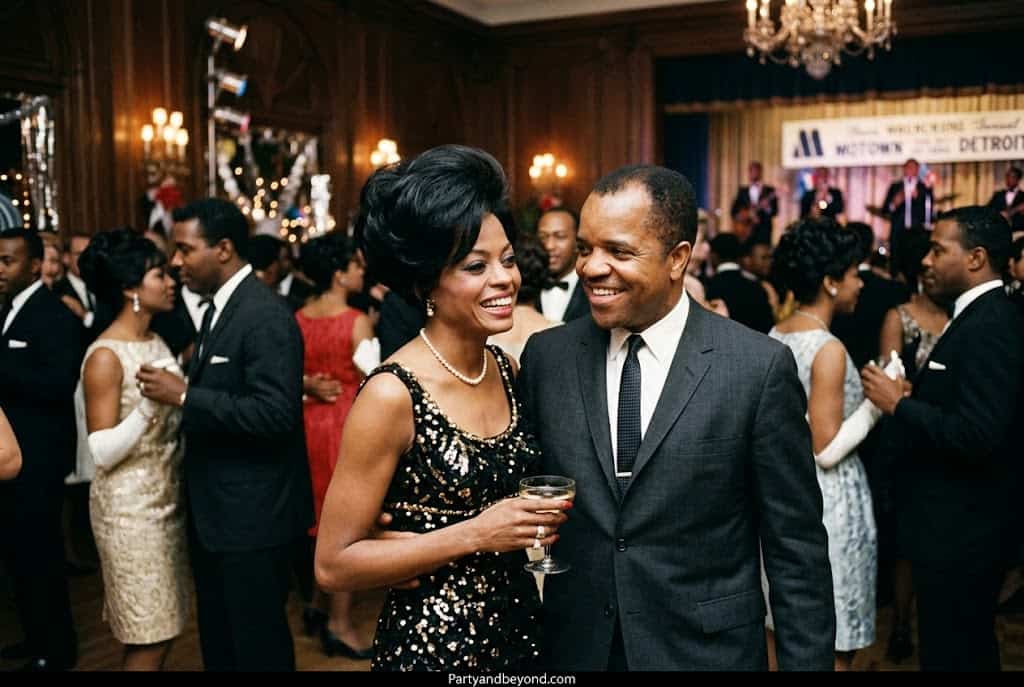 Elegant Motown-inspired Black couple Halloween costume with sequin gown and tuxedo.