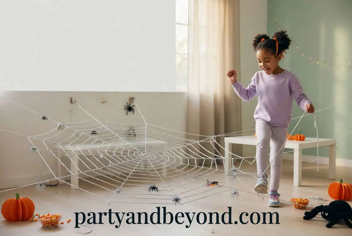 Young girl playing with Halloween spider web decoration at home.