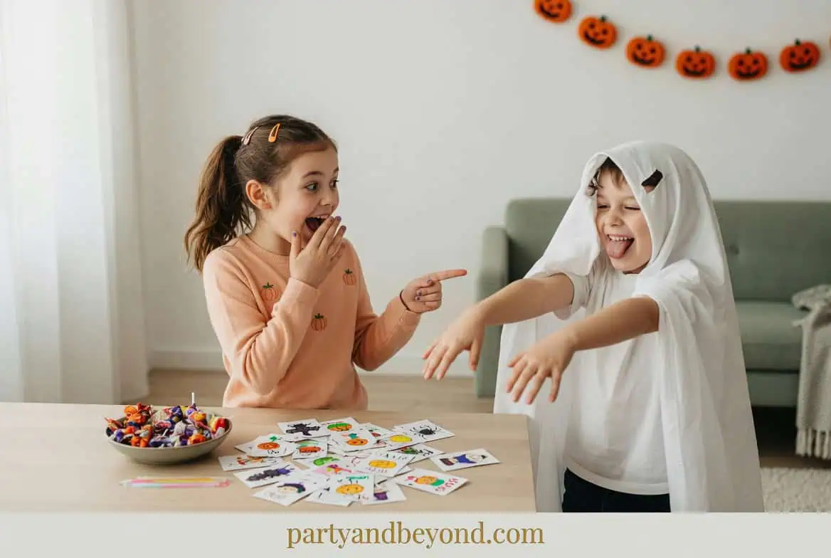 Kids enjoying Halloween costume game with candy and stickers at Party & Beyond!.