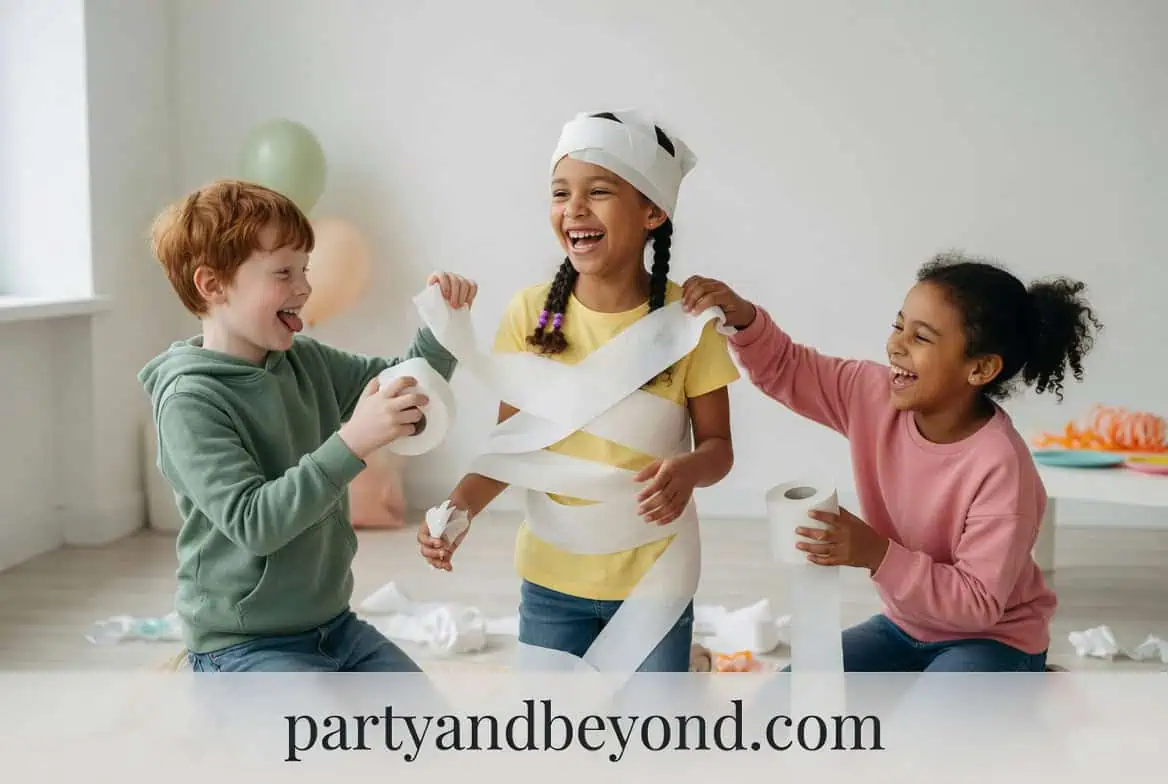 Children playing with toilet paper rolls during a fun party activity.