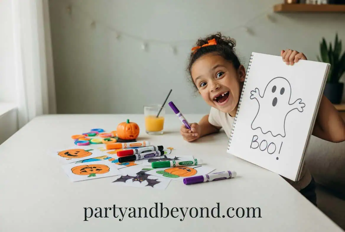 Happy girl showing Halloween-themed drawing with craft supplies on table.