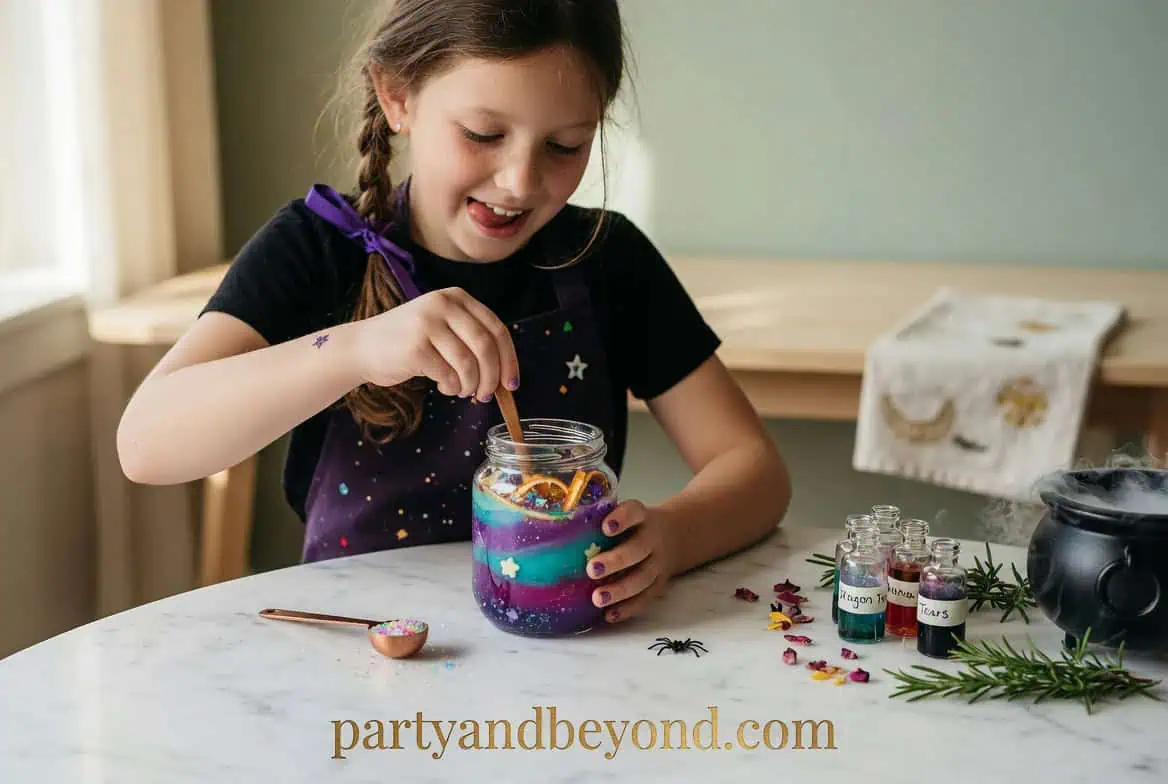 Young girl creating colorful galaxy-themed slime at home.