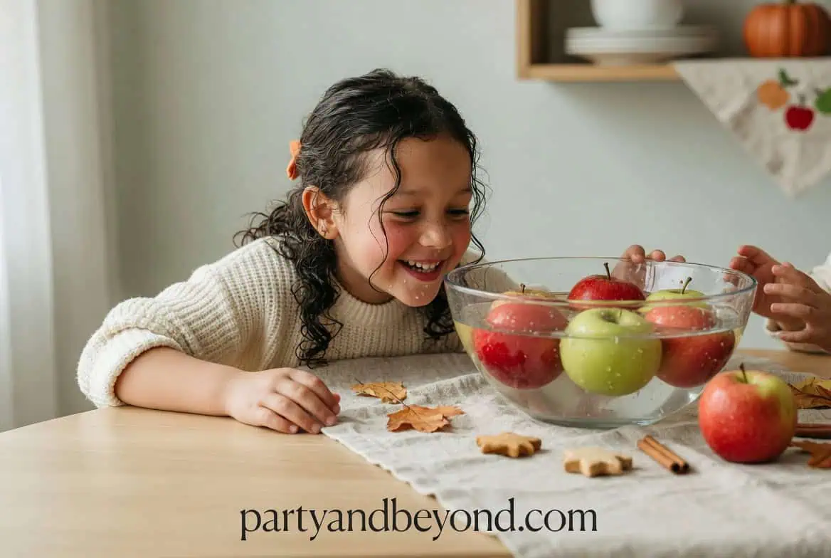 Happy girl enjoying apples and autumn leaves at a festive gathering.