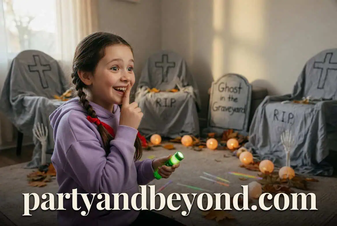 Happy girl at Halloween party with spooky graveyard decorations and glowing props.