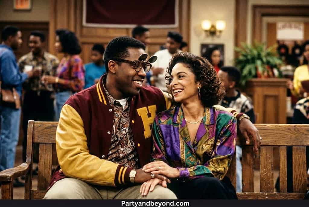 Black couple costume inspired by Dwayne Wayne and Whitley Gilbert with flip-up glasses and pearls.