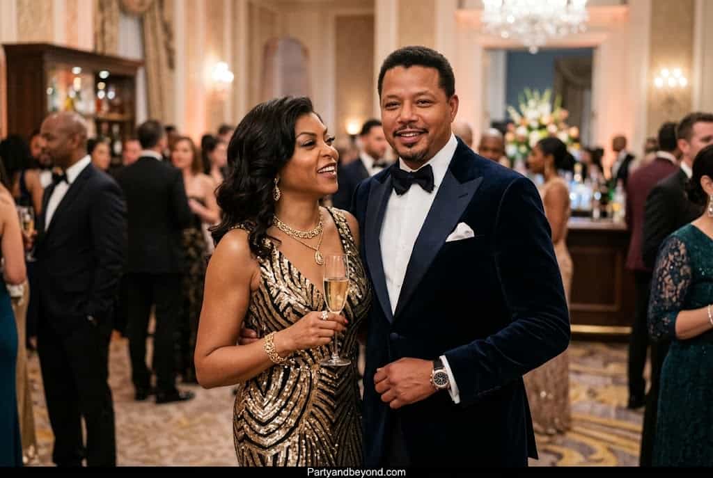 Glamorous Black couple dressed as Cookie and Lucious Lyon from Empire for Halloween.