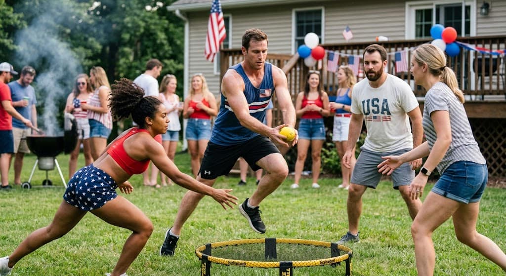 Spikeball competitive adult party game 4th of July backyard — outdoor team sport