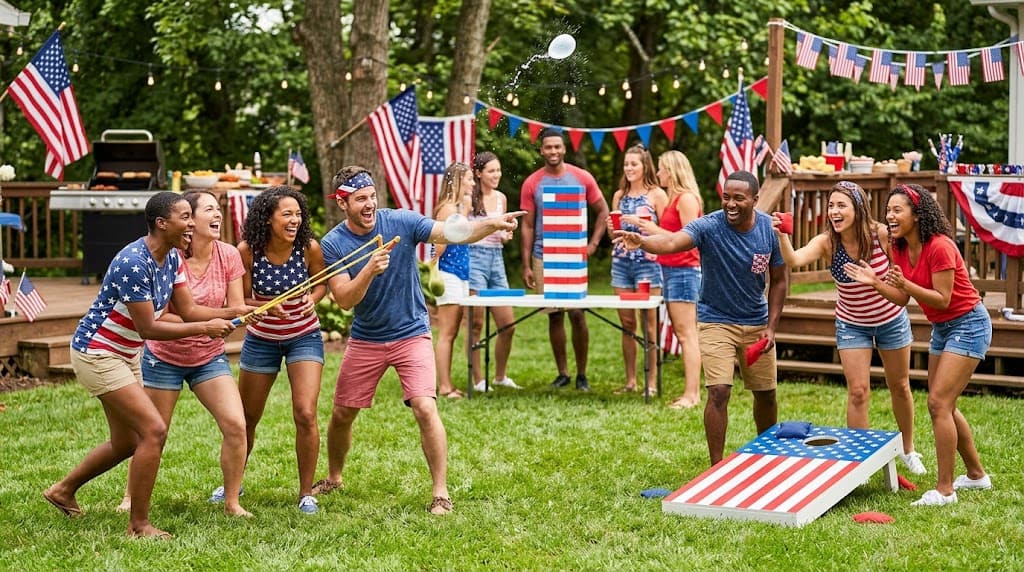 Adults playing fun outdoor lawn games at a colorful backyard Independence Day celebration — Best 4th of July Party Games for Adults That Get Everyone Involved