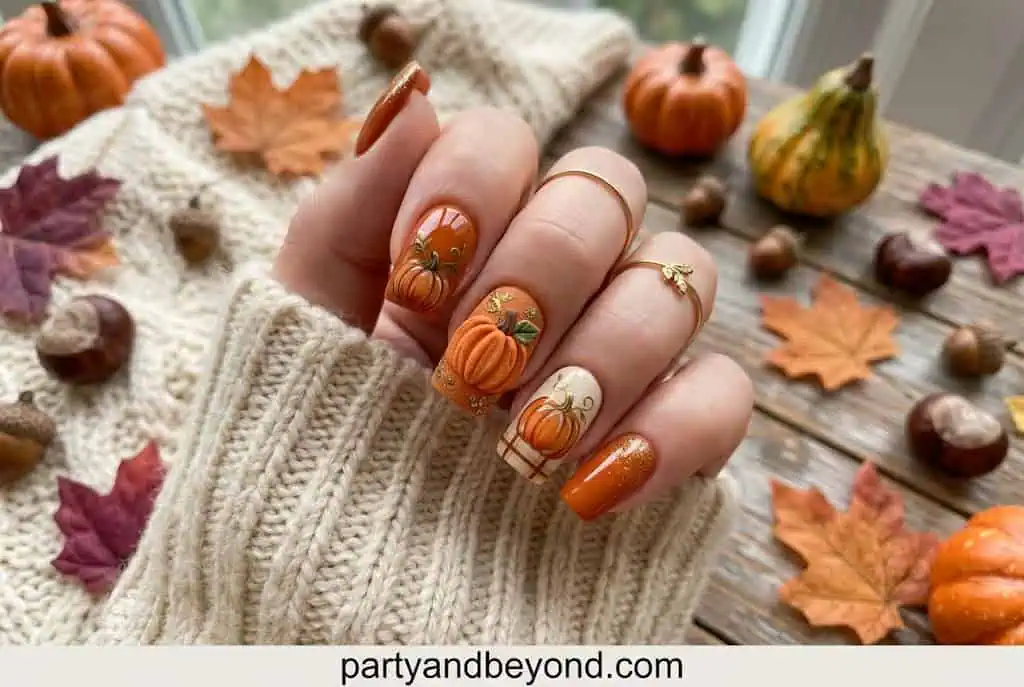 Realistic 3D pumpkin nail art with raised textured builder gel design.
