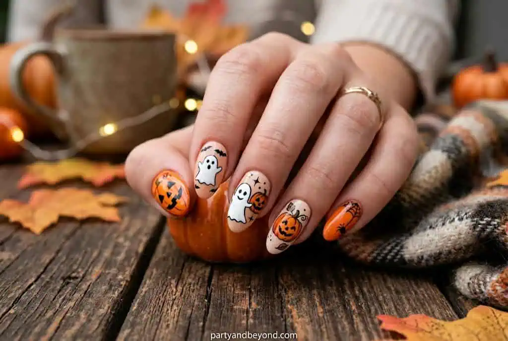 Halloween nails featuring tiny ghost and pumpkin character nail art designs.