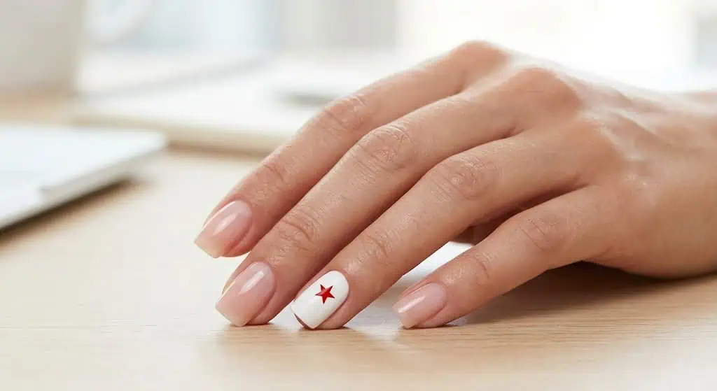 Nude nails with a single red star accent nail for a subtle and professional patriotic manicure.