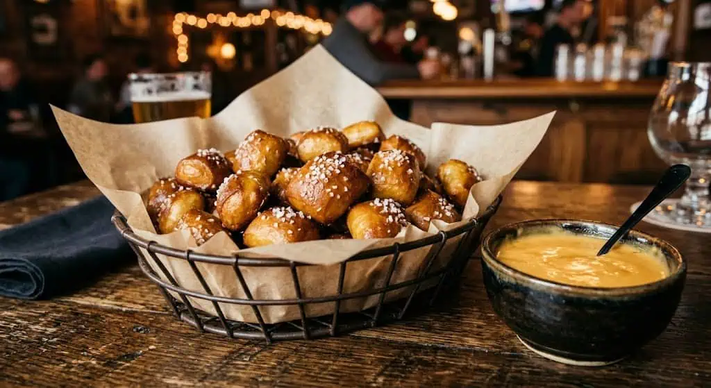 Soft pretzel bites with warm cheddar cheese sauce in a basket.