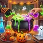 21 Simple and Fun Halloween Science Experiments for Kids Kids creating colorful Halloween potions with bubbling cauldron and spooky decorations.
