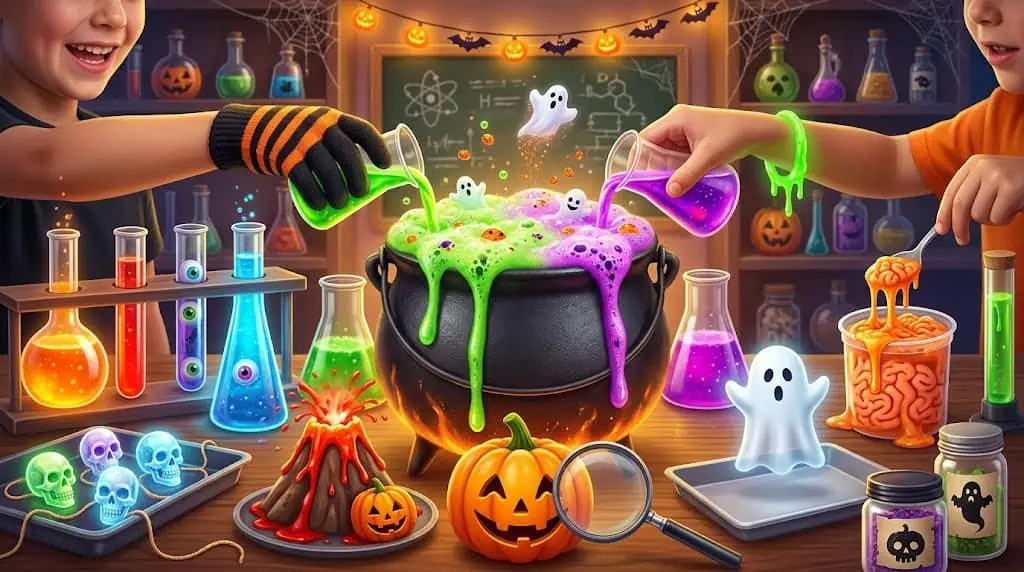 Kids creating colorful Halloween potions with bubbling cauldron and spooky decorations.