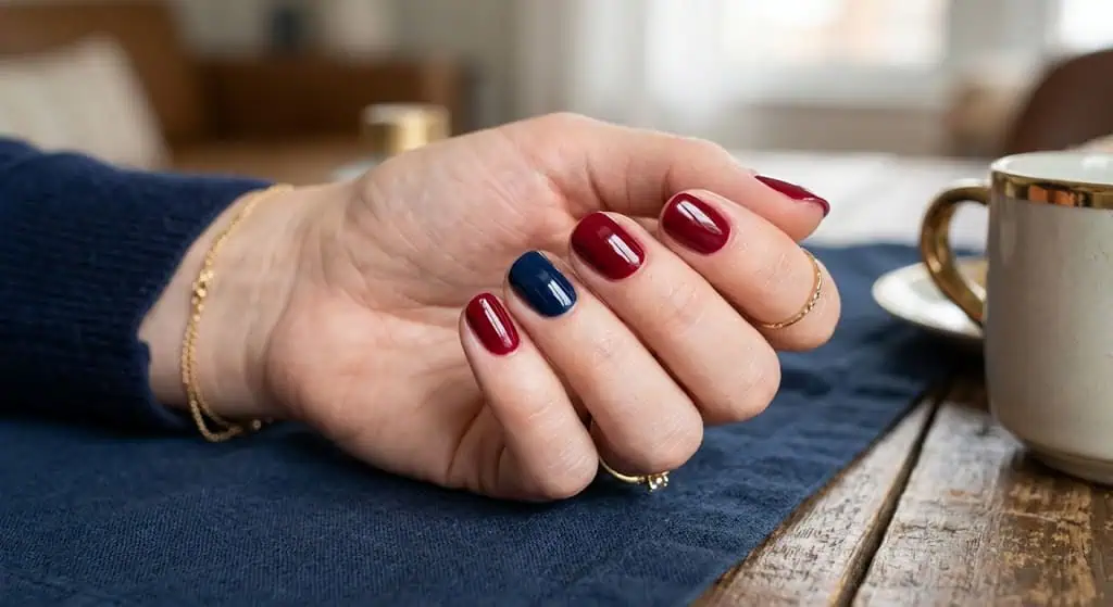 Cherry red manicure with a navy accent nail for a bold yet professional 4th of July look.