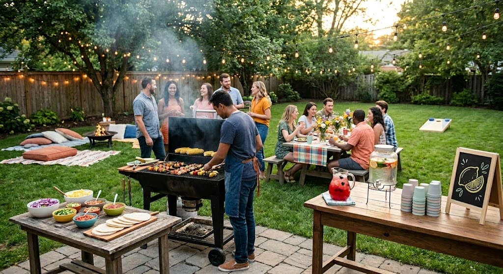 Outdoor BBQ party with friends in a lush backyard setting. Food, drinks, and good company for a memo.
