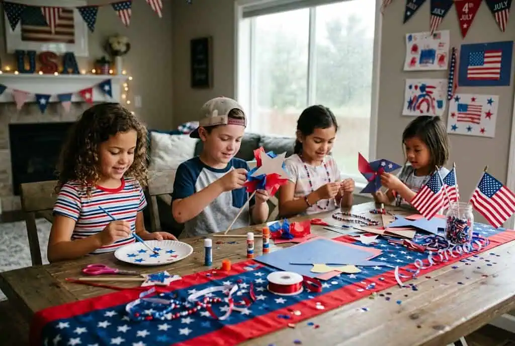 “Simple 4th of July kids party schedule with crafts snacks outdoor games cake time and free play activities”