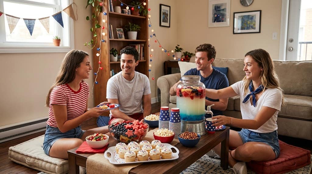 Festive 4th of July gathering with friends in a cozy apartment setting, featuring patriotic decorati.
