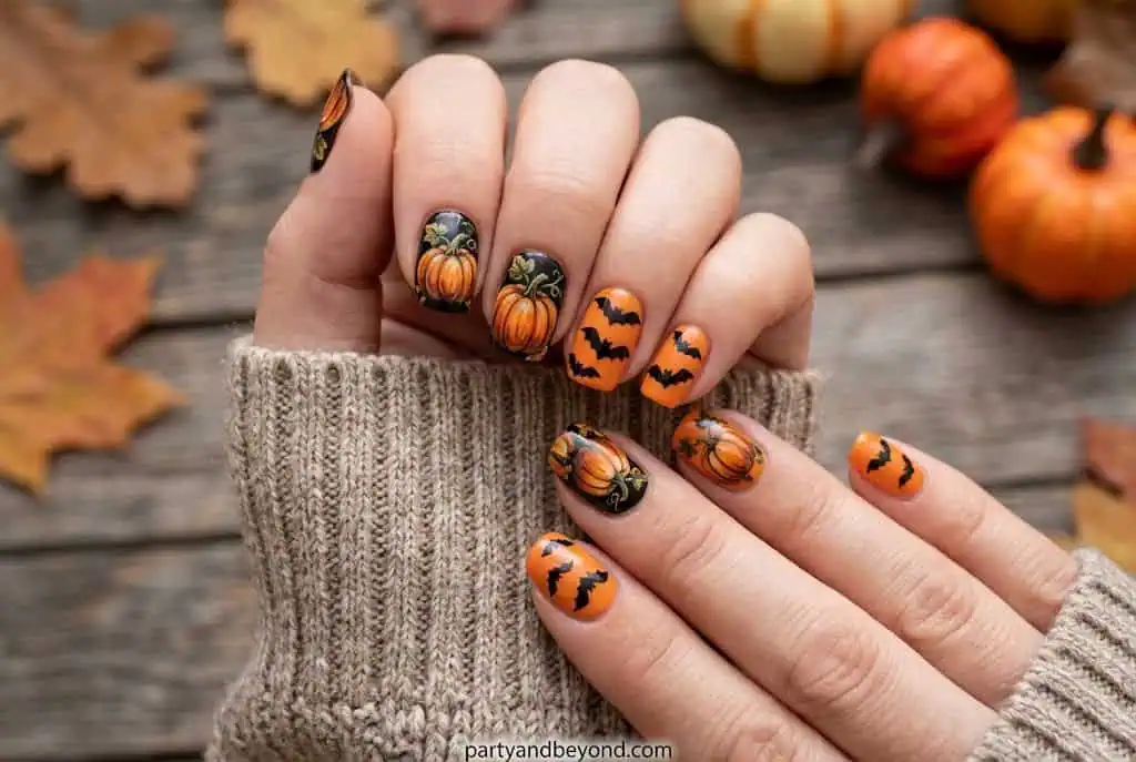 Festive Halloween pumpkin nail art with bats on orange and black nails.