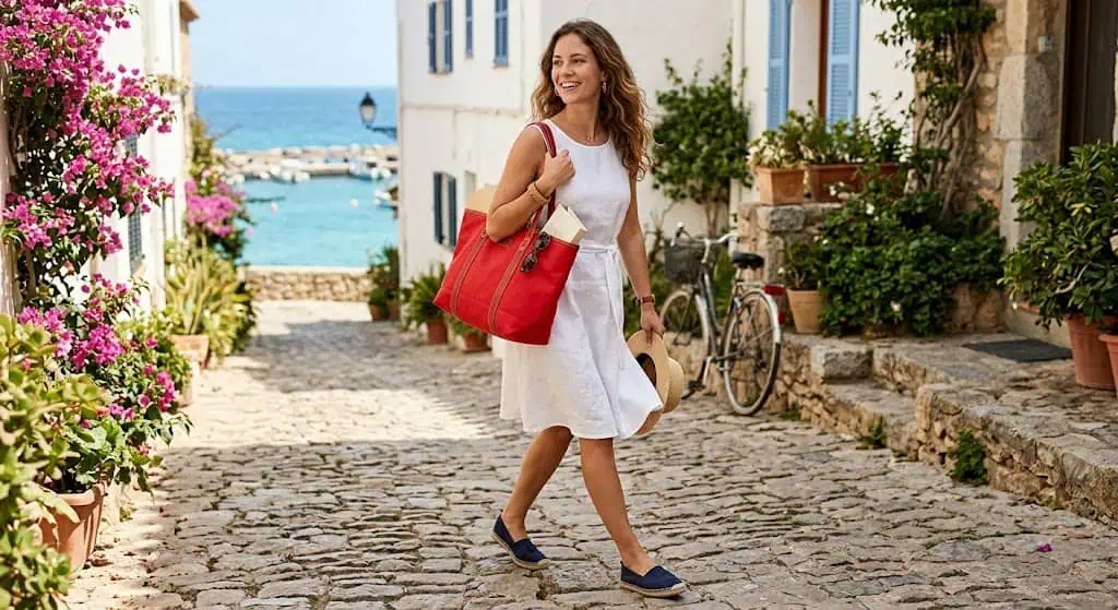 Minimal white sundress with navy shoes and red bag for chic summer look