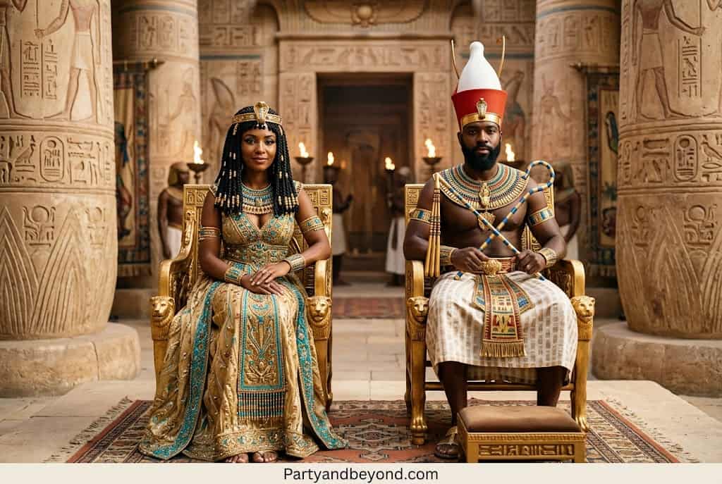 Black couple dressed in glamorous Cleopatra and Pharaoh-inspired Halloween costumes.