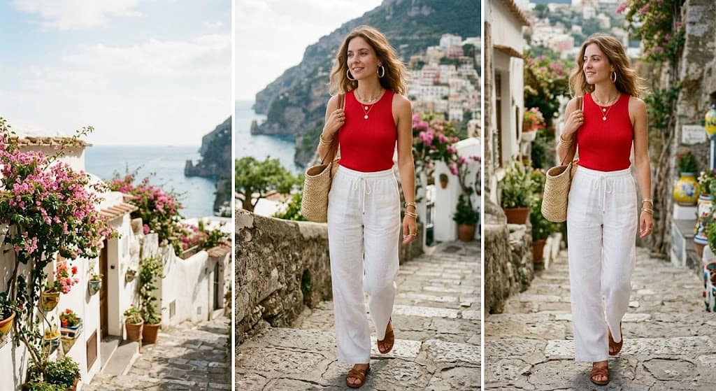 Elegant summer outfit with white linen pants and red tank top styled for hot weather