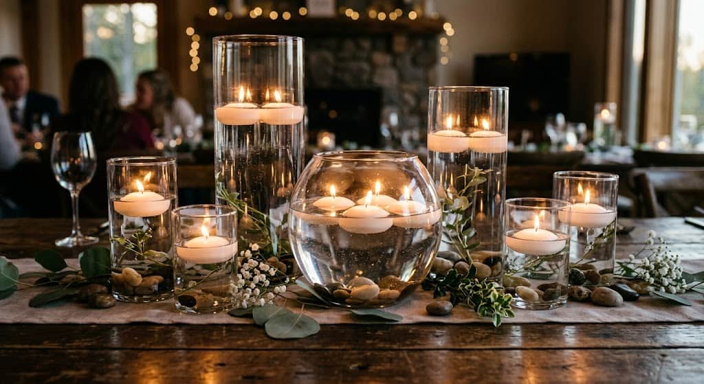 Floating candles in tall glass vases creating elegant evening party centerpieces”