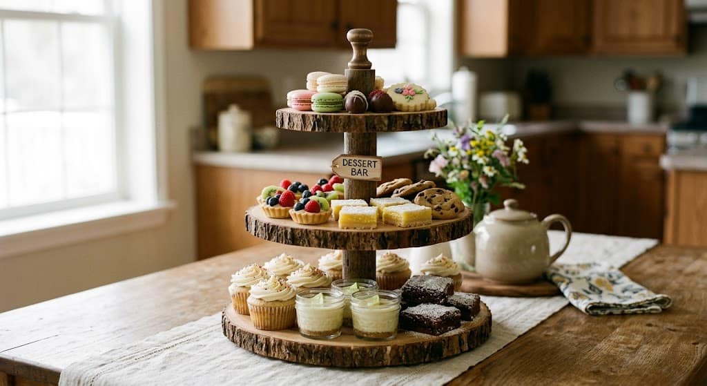 Homemade tiered dessert stand displaying cupcakes and party treats”