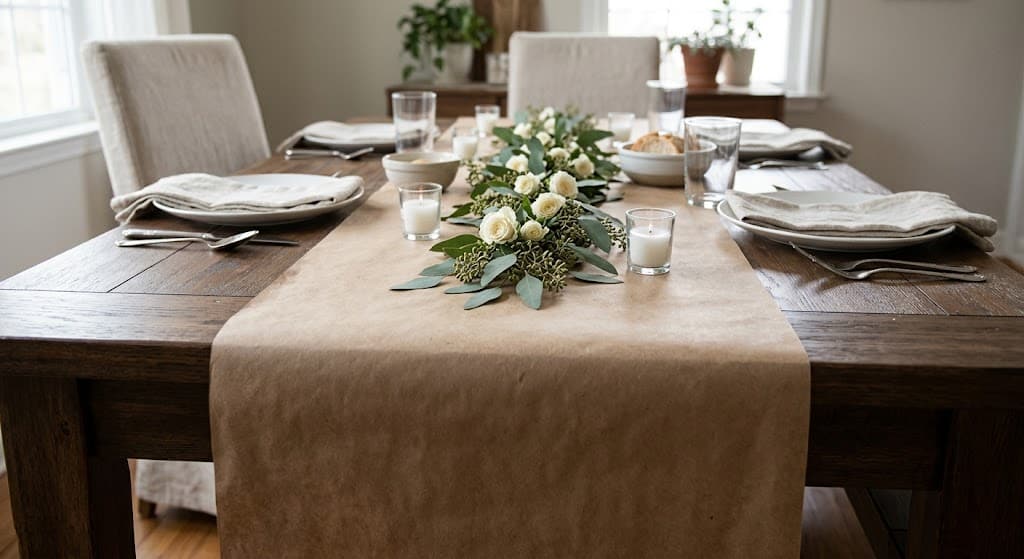 Rustic kraft paper table runner with candles and simple party decorations”