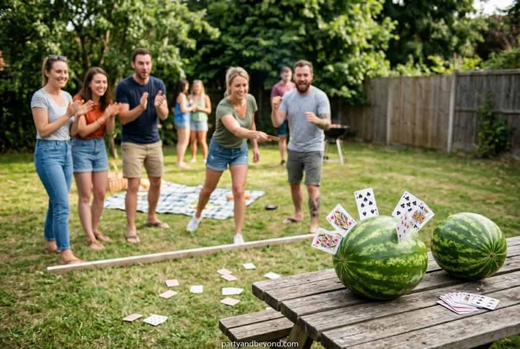 Group of friends playing watermelon card toss game outdoors at a party.