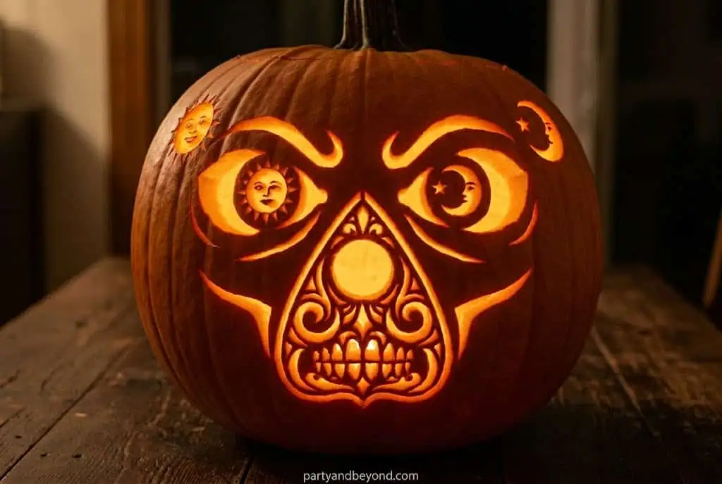 Ouija board inspired pumpkin carving with eerie lettering and symbols.