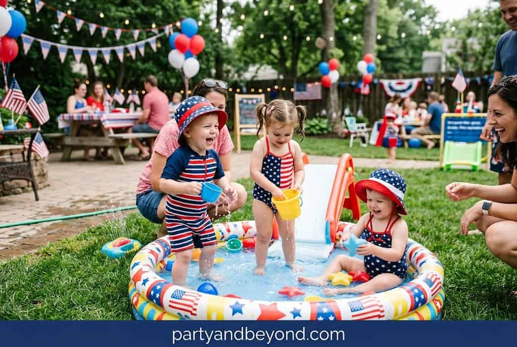 Children playing in a patriotic-themed splash pool at an outdoor celebration.