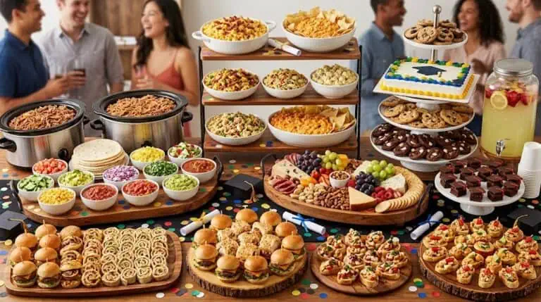 A vibrant assortment of party foods including desserts, snacks, and beverages perfect for celebratio.