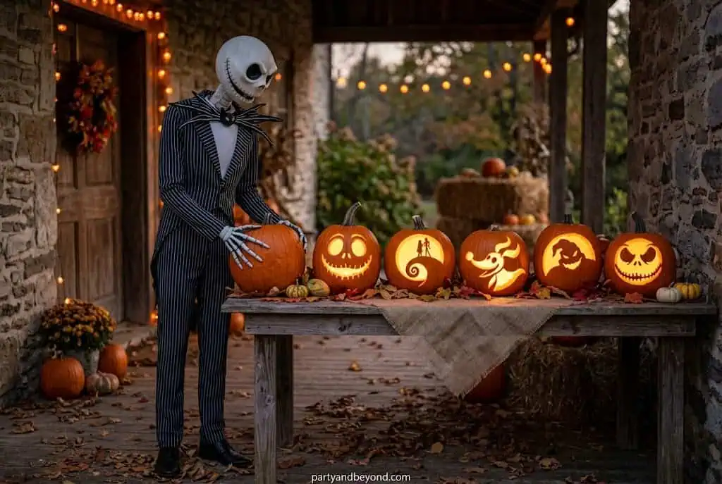 Jack Skellington inspired pumpkin carving with stitched smile and hollow eyes.