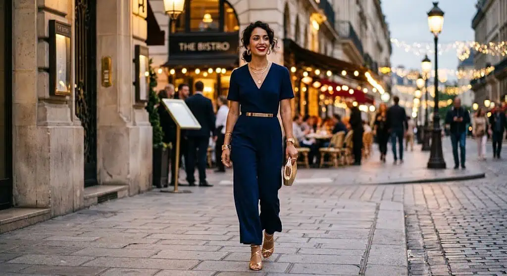 Formal navy jumpsuit styled with gold jewelry and bold lipstick for evening event