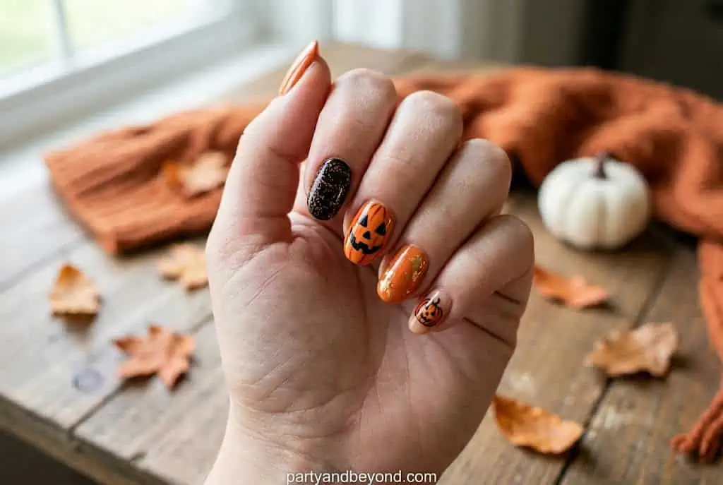 Orange Halloween nails with classic jack-o'-lantern faces painted on accent nails.