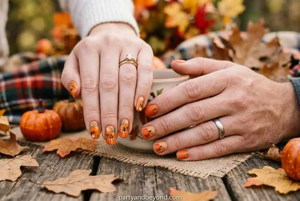 Matching Halloween pumpkin nail designs for couples with inverted colors.