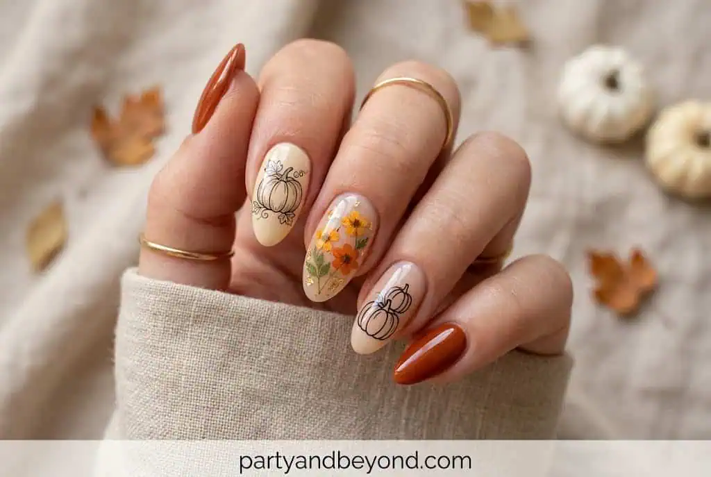 Elegant pumpkin nail design with dried flowers and minimalist pumpkin line art.