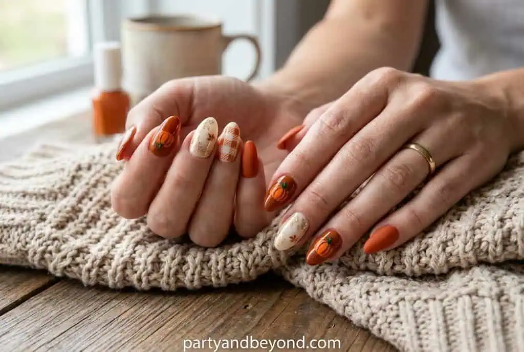 Full Halloween pumpkin nail set featuring glitter, stamps, chrome, and pumpkin art details Pumpkin Nail Ideas