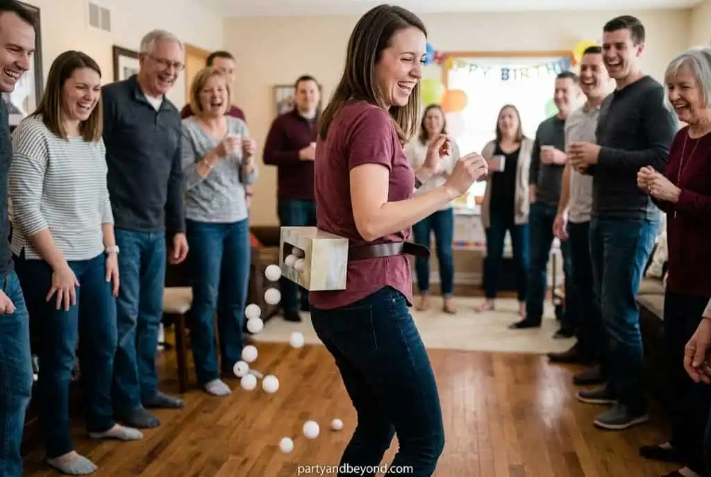 Adult player shaking ping pong balls out of a tissue box attached to their waist during a funny party game