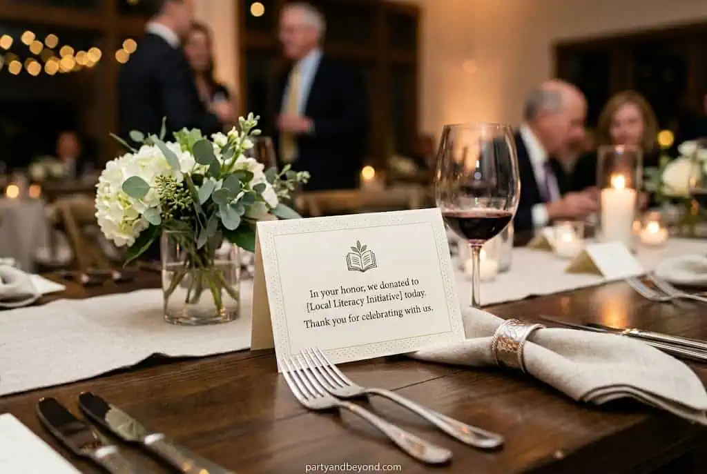 Elegant dinner table with floral centerpiece, wine glass, and personalized note at a formal event.Best Party Favor Ideas