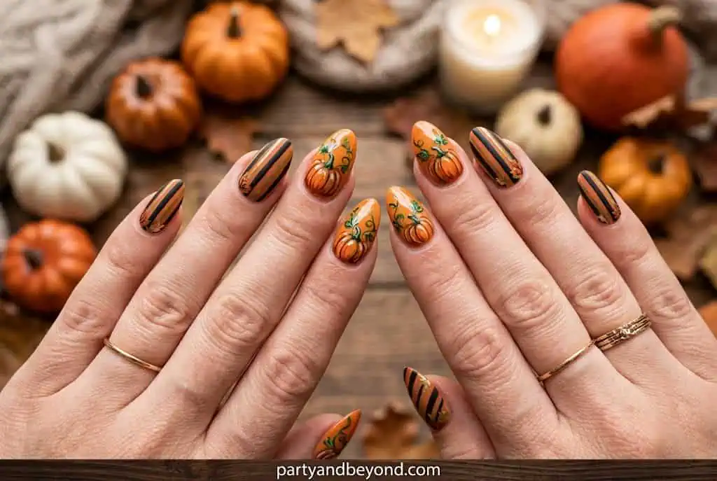 Pumpkin-inspired nail design with black vertical stripes over orange polish.