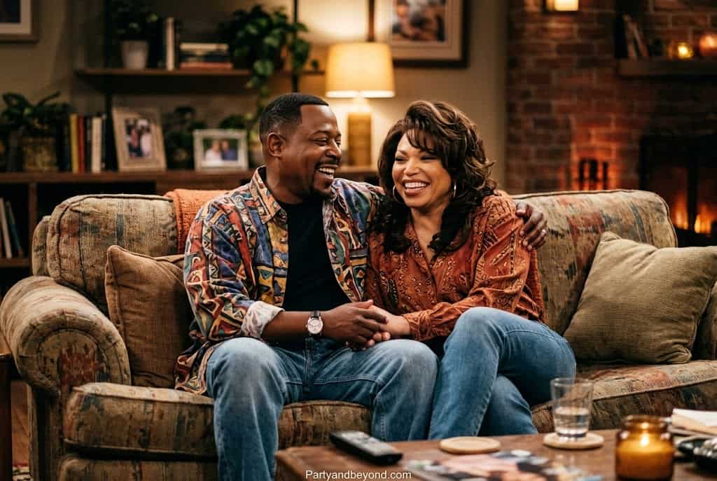 Black couple in 90s outfits inspired by Martin and Gina from The Martin Show Halloween costume.