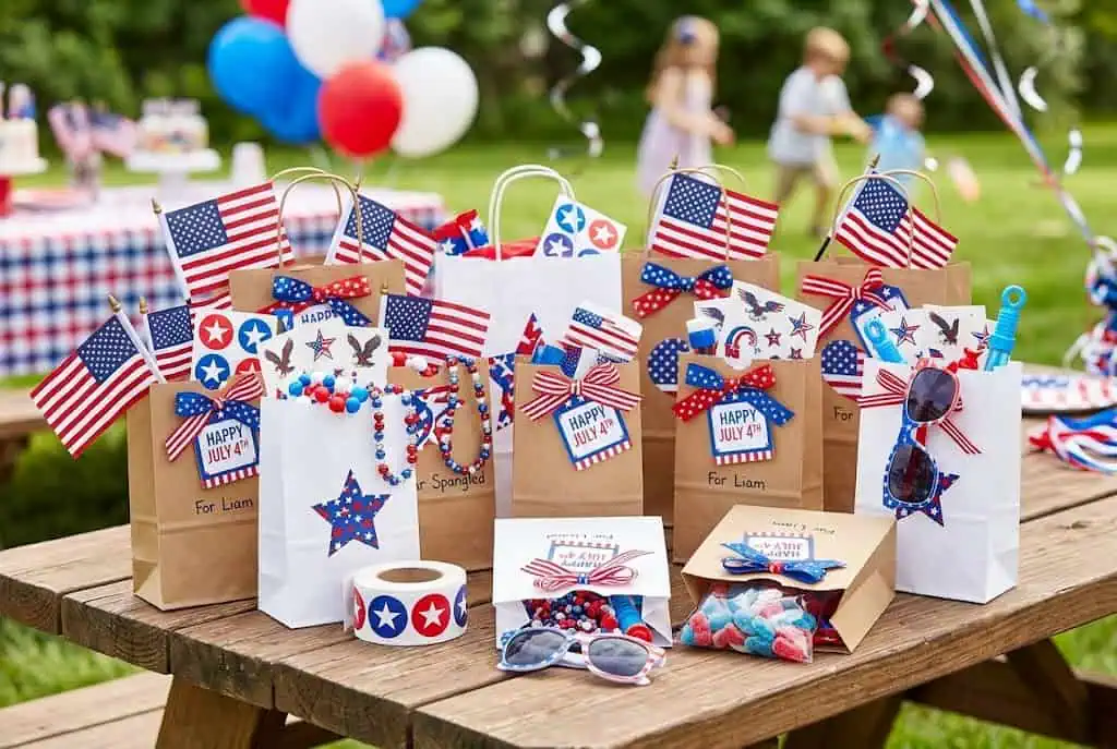 Indoor 4th of July kids party setup with patriotic crafts sensory bins dance activities and festive decorations”